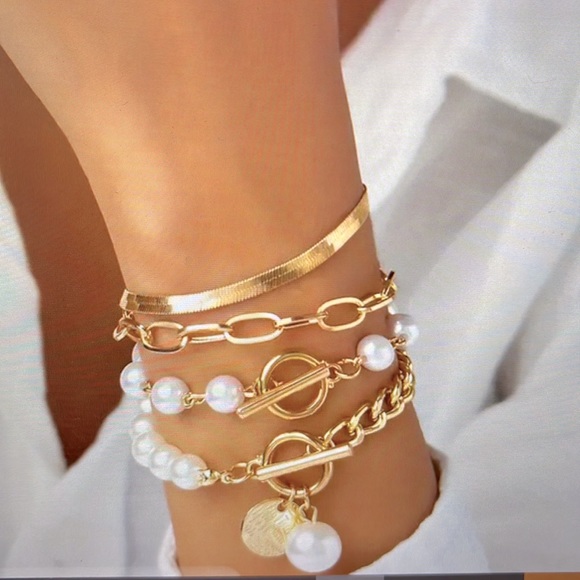 Jewelry - Vintage Style 18K Gold Plated 4 pcs Beaded Bracelet Set